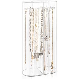 Acrylic Necklace Holder Clear Necklace Organizer with 24 Hooks Dustproof Rotation Jewelry Storage Holder Stand Long Necklaces Pendant Bracelets Display Case for Dresser Bathroom Vanity Countertop
