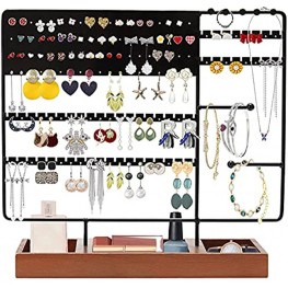 Earring Holder Organizer 3-Tier Jewelry Organizer Ear Stud Display Stand 130 Holes Earrings Tower Rack with Wooden Storage Tray for Necklace Bracelets Rings WatchesBlack