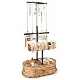 Emfogo Jewelry Organizer Tree Stand Wood Basic Jewelry Drawer Storage Box with Double Rods & 3 Tier Jewelry Holder Bracelet Organizer Necklaces Earring Ring DisplayCarbonized Black