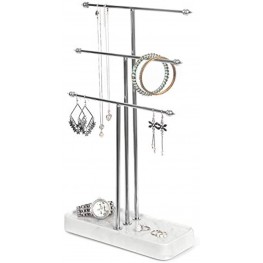 J JACKCUBE DESIGN 3 Tier Silver Metal Jewelry Display Stand Tree Organizer Holder Rack Hanger Tower for Bracelet Necklace Accessories with Tabletop Earring Ring White Marble Tray Storage- MK516B