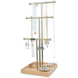 Jewelry Organizer Tree Stand Holder 3 Tier Tabletop Necklace Holder Gold With Metal And Natural Wooden Storage Base for Jewelry Stand Bracelet Earrings And Ring Tray Jewelry Holder Hanger