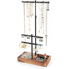 Jewelry Organizer Tree Stand with Height Adjustable Necklace Organizer Stand,2-Tier Separate Earring Holder Wooden Tray for Earrings Ring Bracelet Carbonized Black