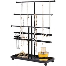 MyGift 5 T-Bar Modern Black Metal Jewelry Organizer for Bracelets Necklaces and Earrings with Ring Tray