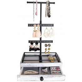Tower Jewelry Organizer w Wooden Drawer Storage Box & Adjustable Necklace Holder – Jewelry Organizer Stand for Bracelets Earrings & More – Rustic White Drawer & Black Iron – Free-Stand or Wall-Mount