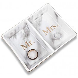 Aller Home & Kitchen Mr. & Mrs. Ring Dish Jewelry Plate Marble Design His and Hers Two Section Trinket Tray for Wedding and Engagement Rings Earrings Bracelets Necklaces Watches Couples Gifts