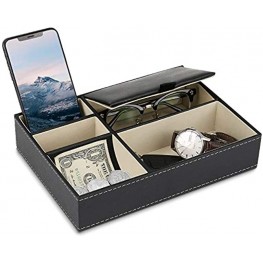 Baoyun Mens Valet Tray Organizer Leather Nightstand Dresser Top Box with 5 Compartment for Accessories Wallet Phone Keys black