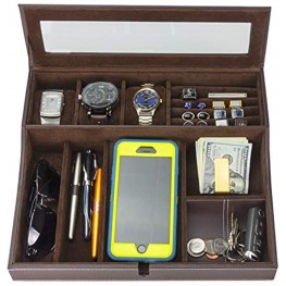 HOUNDSBAY Navigator Big Dresser Valet Tray for Men with Watch Box Jewelry Organizer & Smartphone Charging Station Dark Brown