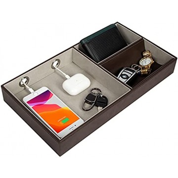 JACKCUBE DESIGN Nightstand Organizer for Men Leather Valet Tray Key Wallet Phone Watch Glass Holder with 2 Charging Holes Dark Brown 14.2 x 7.7 x 2 inches MK234A