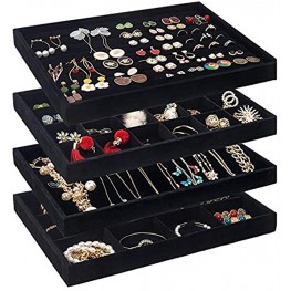 UIUIX Stackable Velvet Jewelry Trays Organizer for Drawer Velvet Jewelry Storage Display Trays Earring Necklace Bracelet Ring Organizer Set of 4 Black