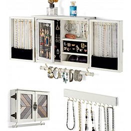 Wall Jewelry Organizer Wooden Jewelry Holder Wall Mount Hanging Jewelry Box Organizer with Barn Door Jewelry Cabinet With Rod & Hooks for Bracelets Rings Mesh Door for Earrings Retro White