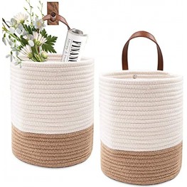 Qlfyuu 2 Pack Rope Small Hanging Basket Wall Mounted Woven Hanging Basket Storage,Cotton Rope Small Basket with Leather Handle,Shelf Basket Organizer for Plants,Toys,TowelsWhite&Jute,Small
