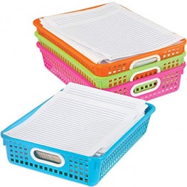 Really Good Stuff Plastic Desktop Paper Storage Baskets for Classroom or Home Use – Plastic Mesh Baskets in Fun Neon Colors – 14.25” x 10” – Set of 4