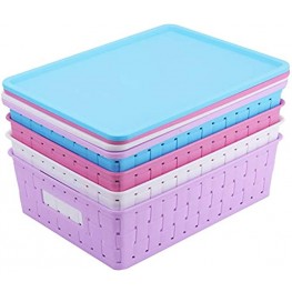 WUWEOT 4 Pack Plastic Storage Basket With Lid 11.2" x 8.1" x 3.3" Plastic Woven Storage Bins Organizer with Handle  Pink Purple Blue White