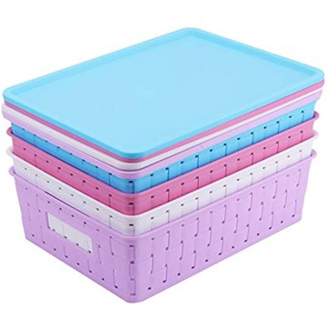 WUWEOT 4 Pack Plastic Storage Basket With Lid 11.2 x 8.1 x 3.3 Plastic Woven Storage Bins Organizer with Handle Pink Purple Blue White